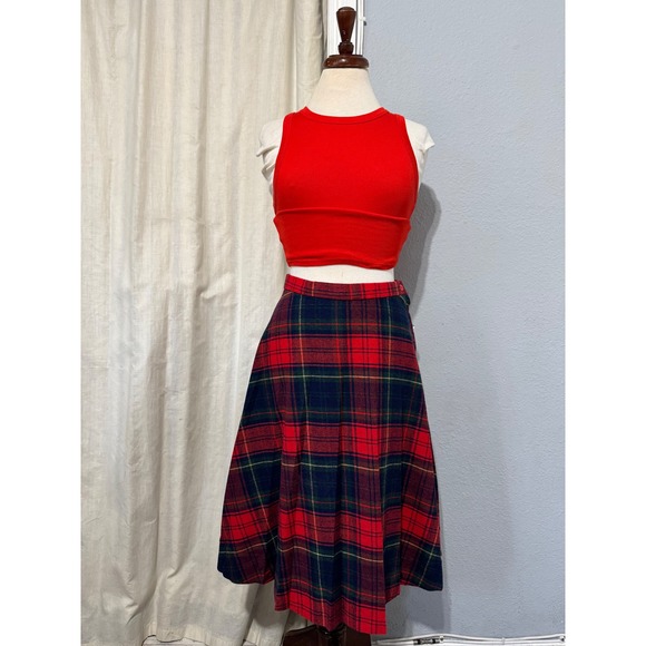 Vintage Wool Blend Plaid A Line Midi Skirt Red Navy Green Size XS Cottage Core - Picture 3 of 14